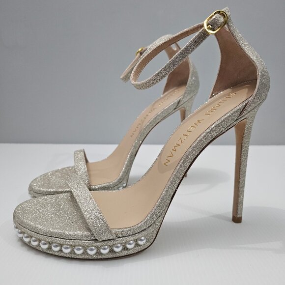 Stuart Weitzman Nudistdisco Pearl Sandal Sz 10 Platino Platform Stiletto Heel - Picture 1 of 15